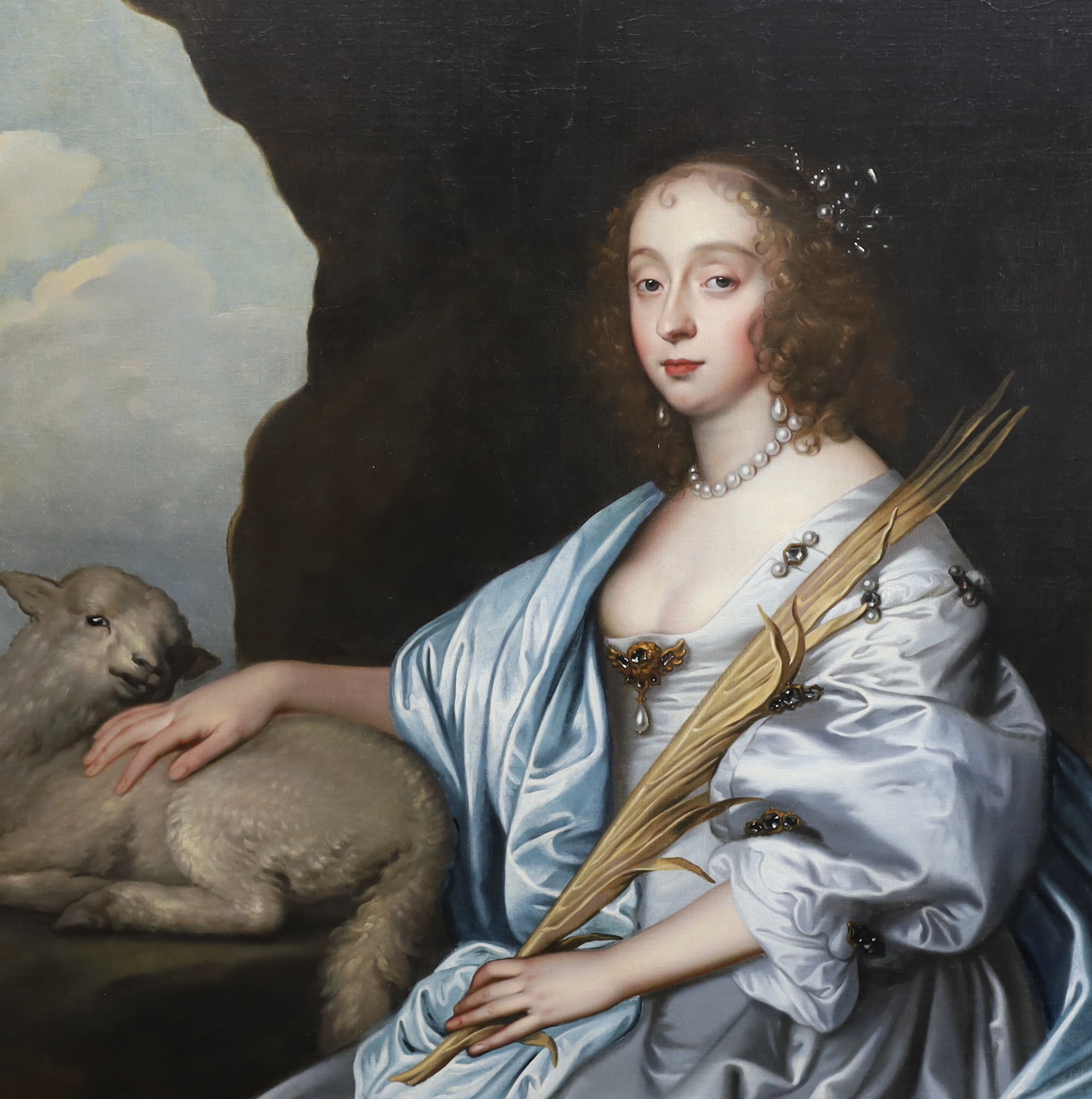 Studio of Sir Anthony Van Dyck (1599-1641), Portrait of Lady Mary Villiers (1622-1641), Lady Herbert and later Duchess of Lennox and Richmond (1622-1685), full-length, seated in a landscape as St Agnes, her right arm res